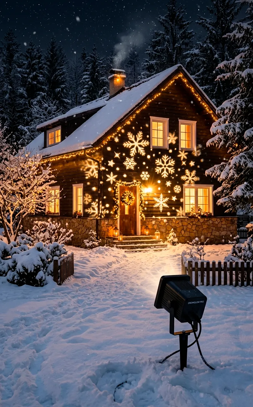 Outdoor projection light casting white snowflakes onto a house exterior