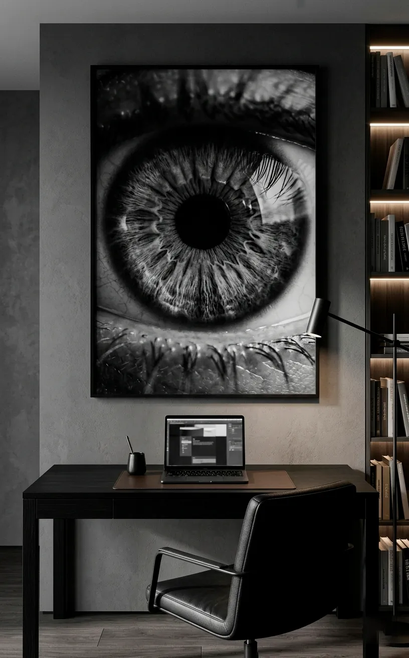 Macro black and white photograph of an eye in a modern home office.