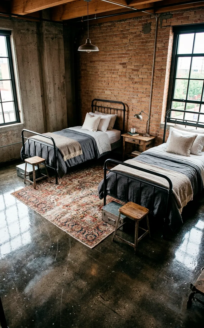 Polished concrete floor in an industrial bedroom layered with a distressed red vintage Persian rug between twin beds.