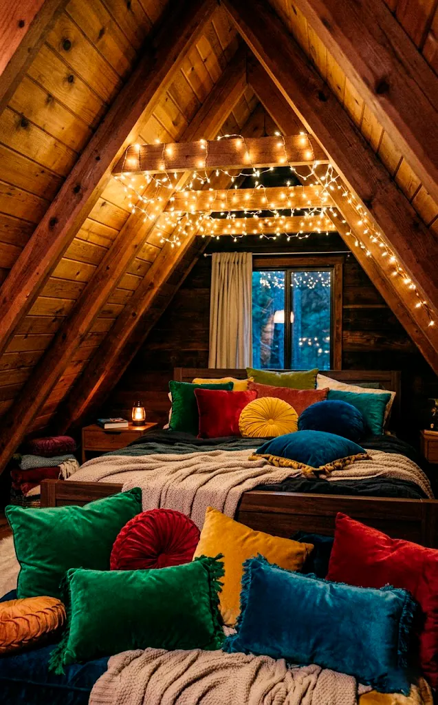 A bed under a slanted roof covered in emerald, ruby, and mustard velvet throw pillows