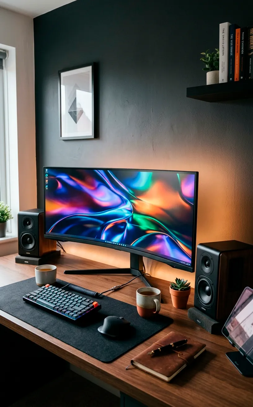 A curved ultrawide monitor glowing on a modern desk with ambient bias lighting.