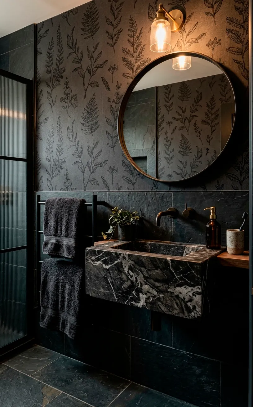 Charcoal botanical sketch wallpaper in a sophisticated dark bathroom