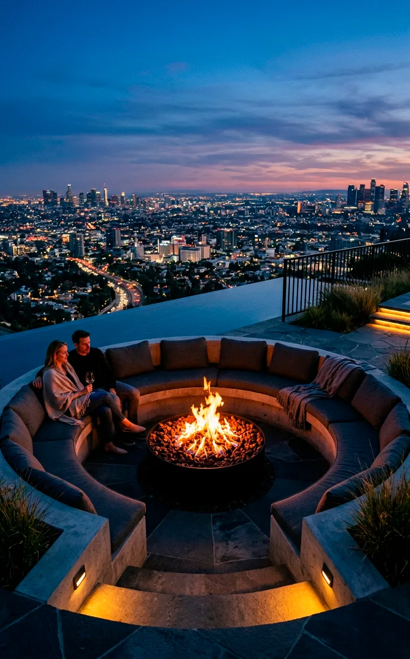 Sunken flush fire pit on an infinity edge patio overlooking a twilight city.