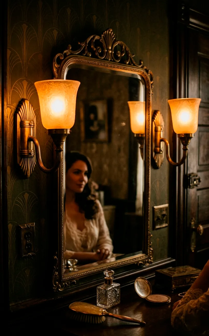 Frosted glass and brass wall sconces emitting a warm glow next to a vanity mirror.