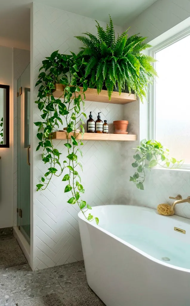Boston fern and pothos plants on floating wood shelves in a bright modern spa bathroom.