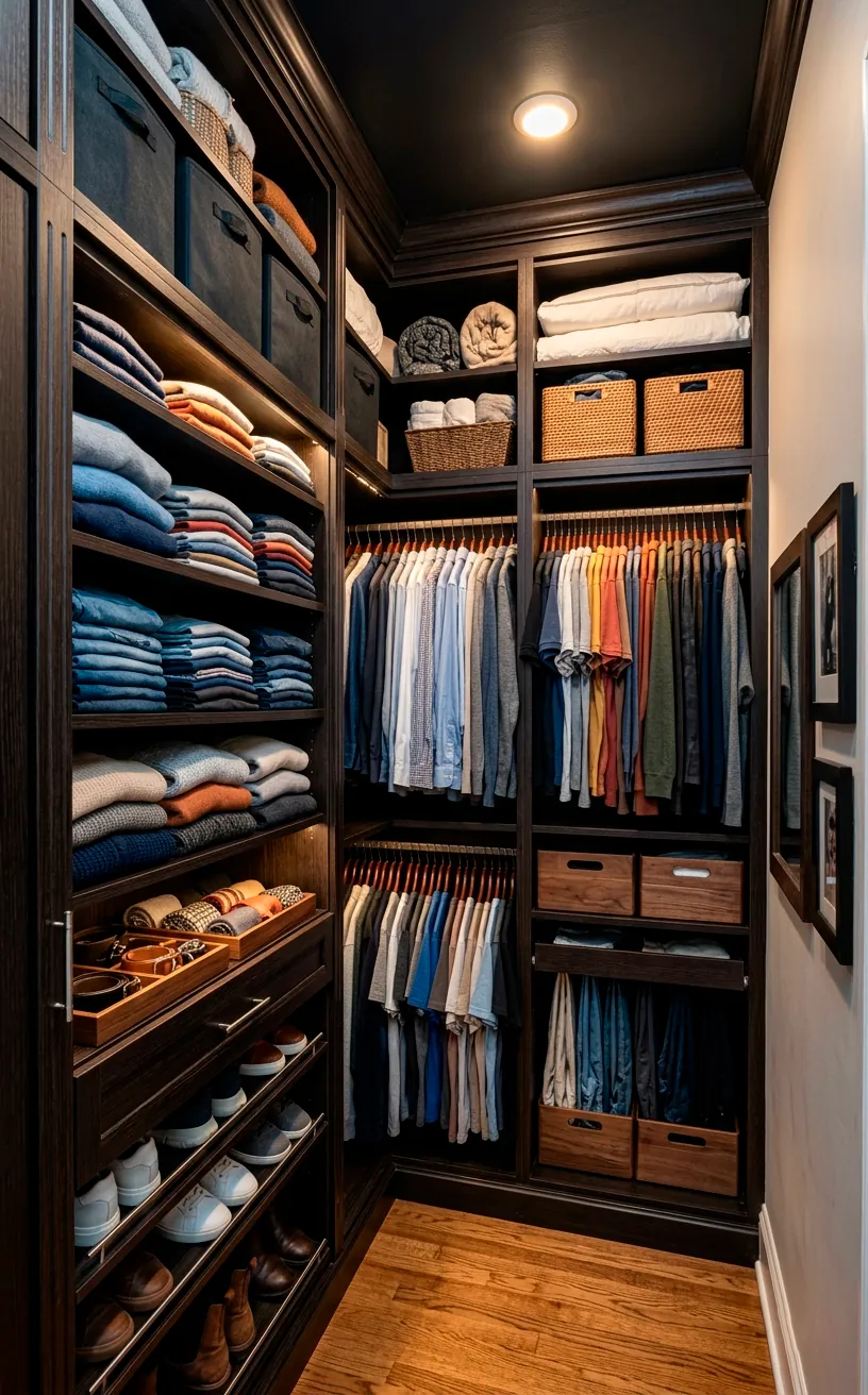 Floor-to-ceiling dark cabinetry maximizing vertical storage in a small dressing room.