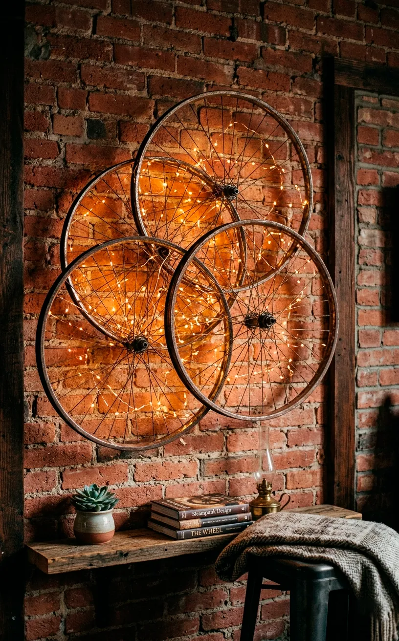 Vintage bicycle wheels with copper fairy lights hanging on an exposed brick wall.