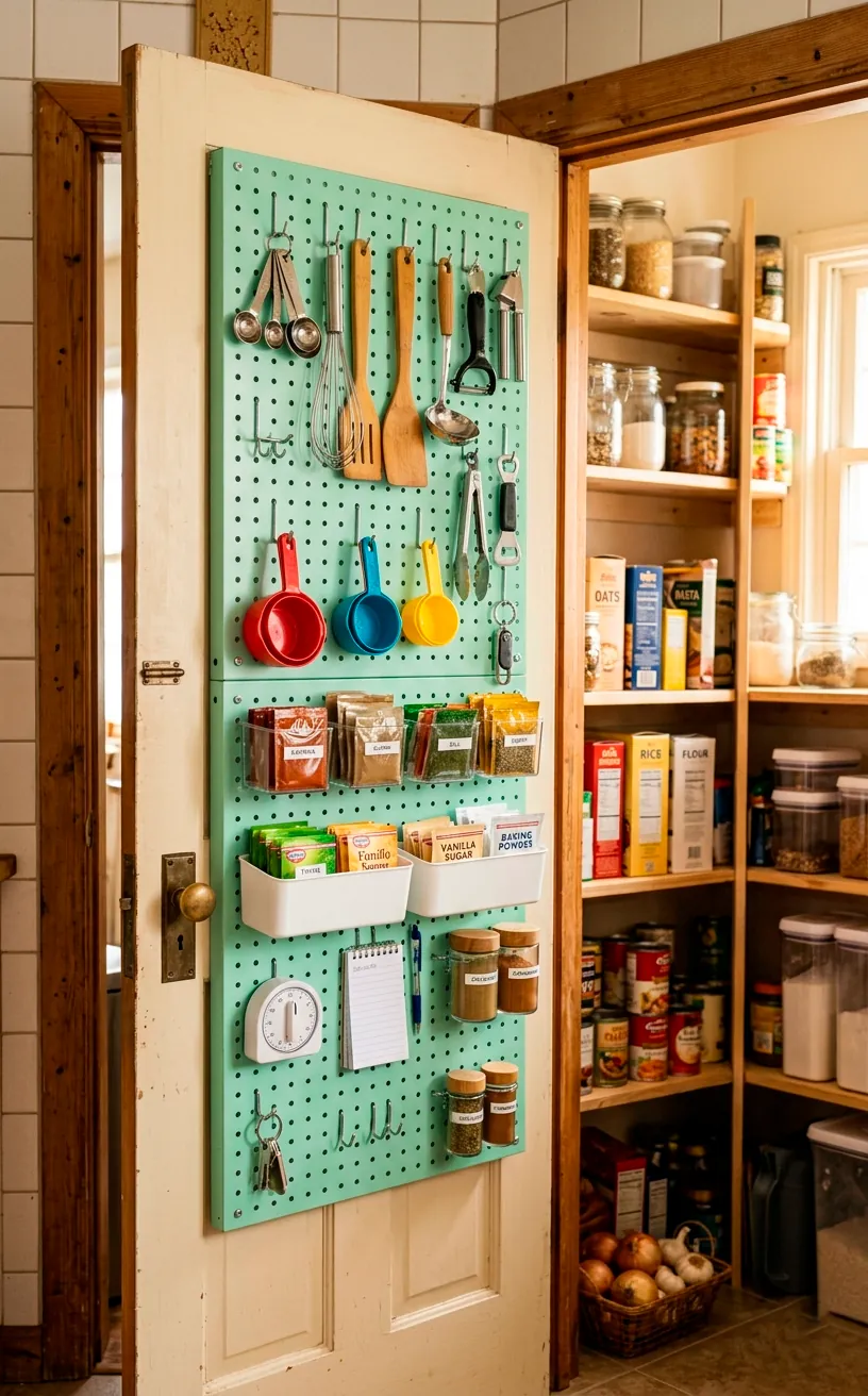 Mint green metal pegboard mounted on a white pantry door efficiently holding small kitchen items and colorful spice packets.