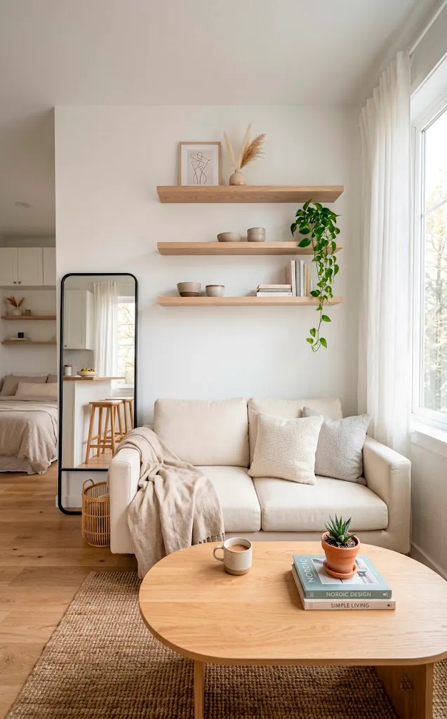 Soft cream studio apartment accented with a light oak coffee table and floating shelves