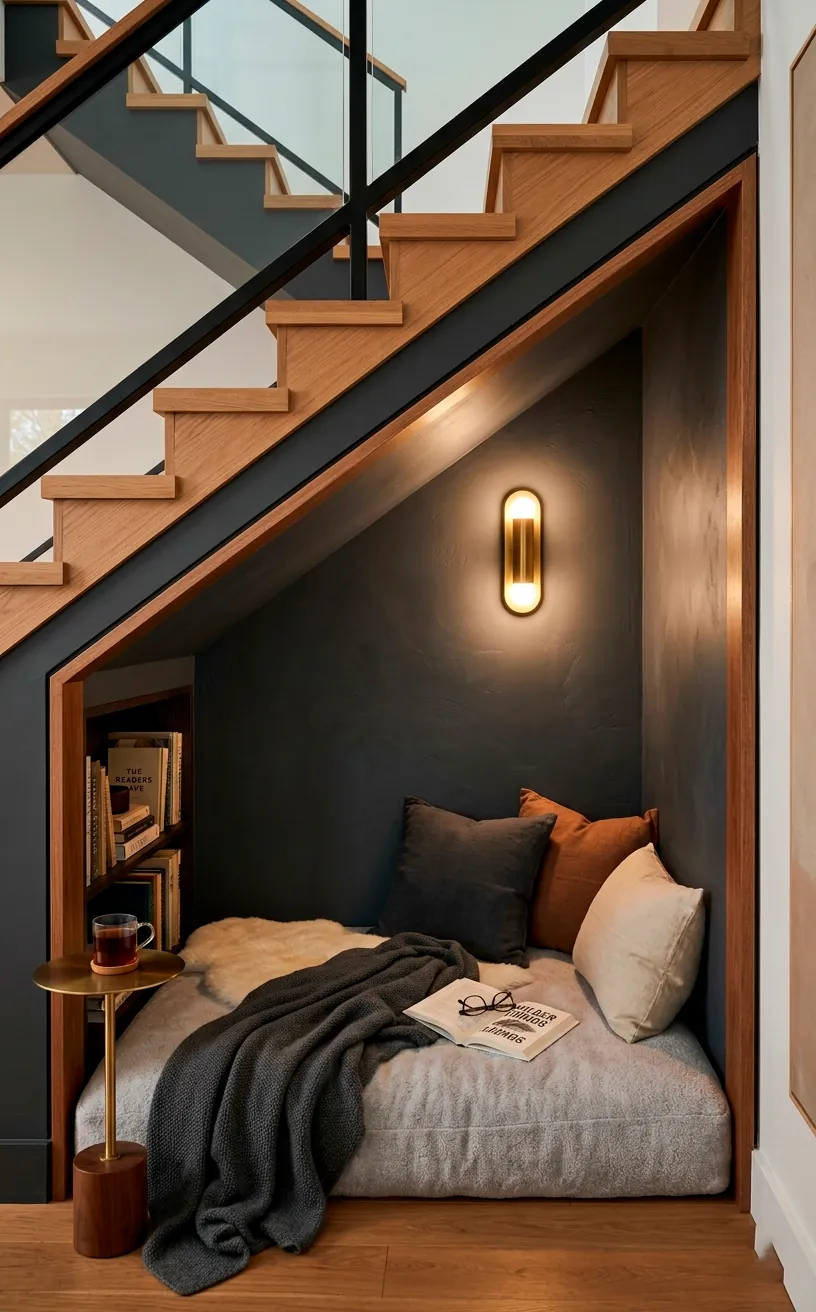 Minimalist reading cave under a staircase painted charcoal with a plush floor mattress and brass sconce.