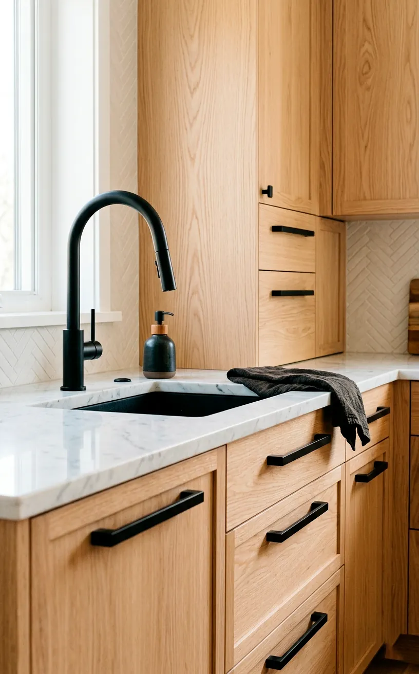 Matte black kitchen faucet and hardware on oak cabinets.