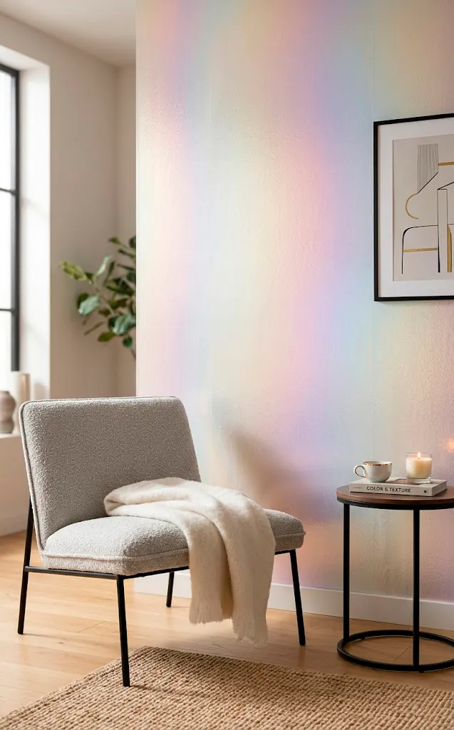 Holographic iridescent wallpaper accent wall shifting colors in a sunlit modern room.