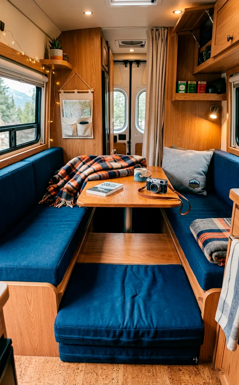 Camper van dinette with table lowered to form a bed foundation