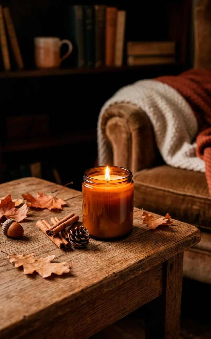 Amber glass candle lit on a wooden table with cinnamon sticks