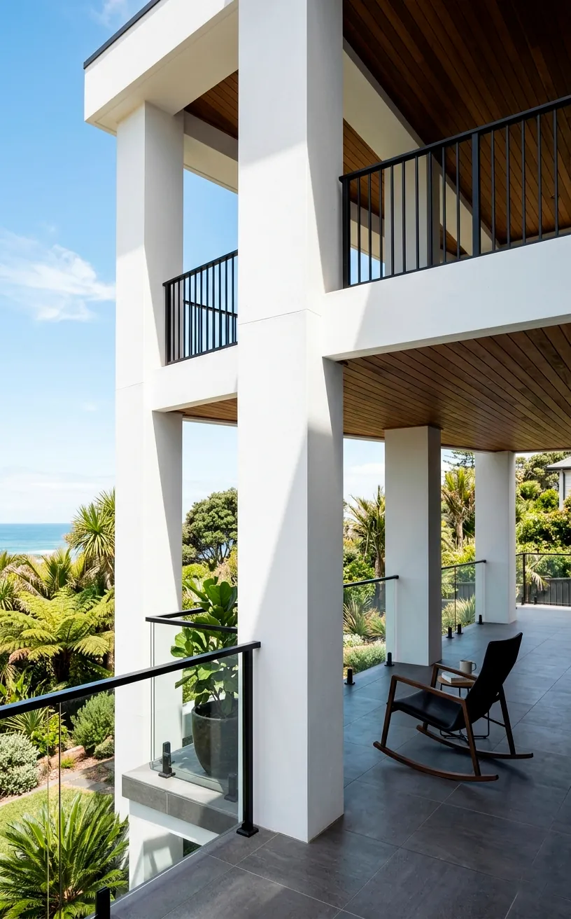 Massive white chunky square columns on a beautiful modern farmhouse wrap-around front porch.
