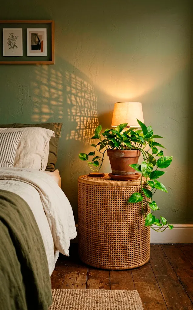 Beautifully woven rattan nightstand next to an earthy green wall casting intricate shadow patterns.