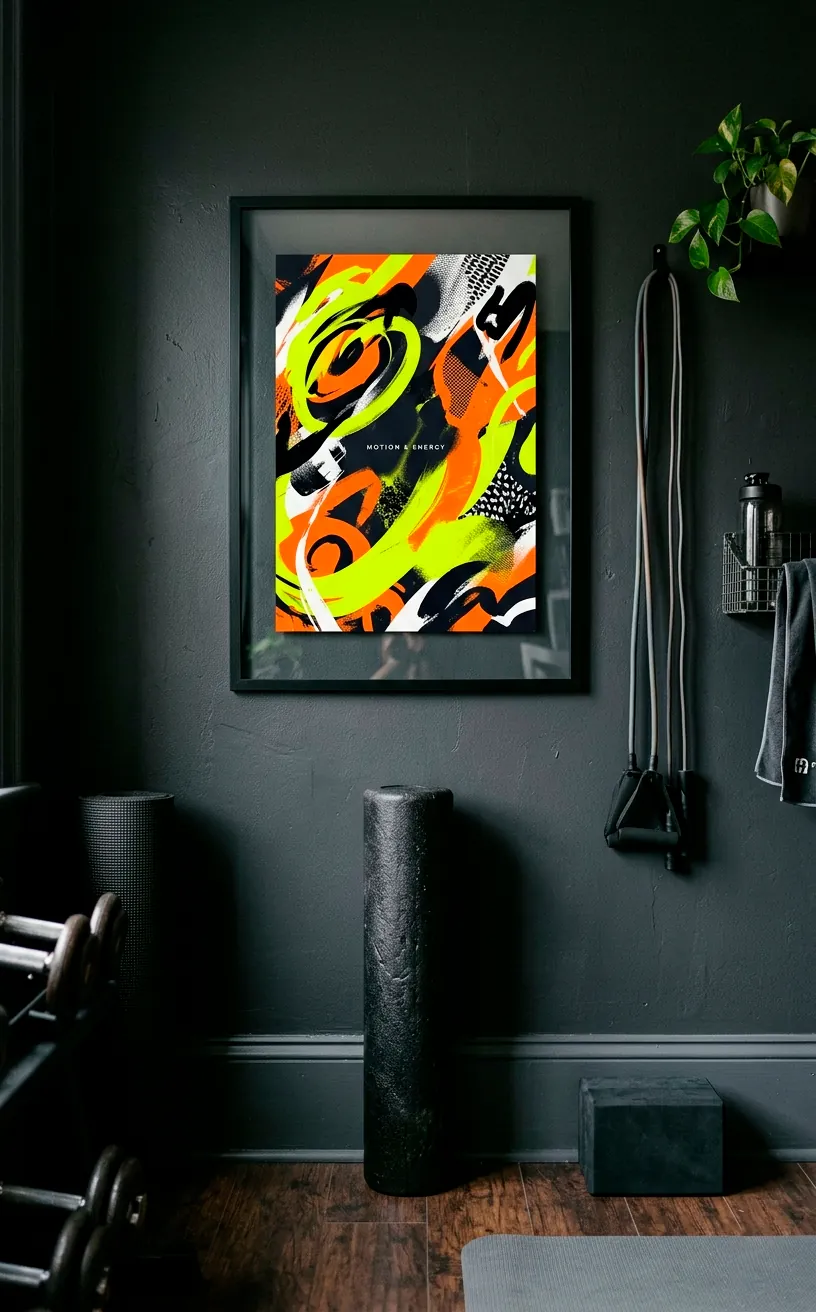 Neon yellow and orange abstract art print hanging on a dark charcoal gym wall.