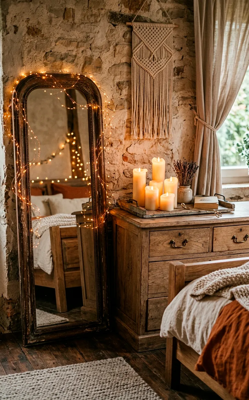 Vintage floor mirror with fairy lights and glowing pillar candles on a wooden tray.