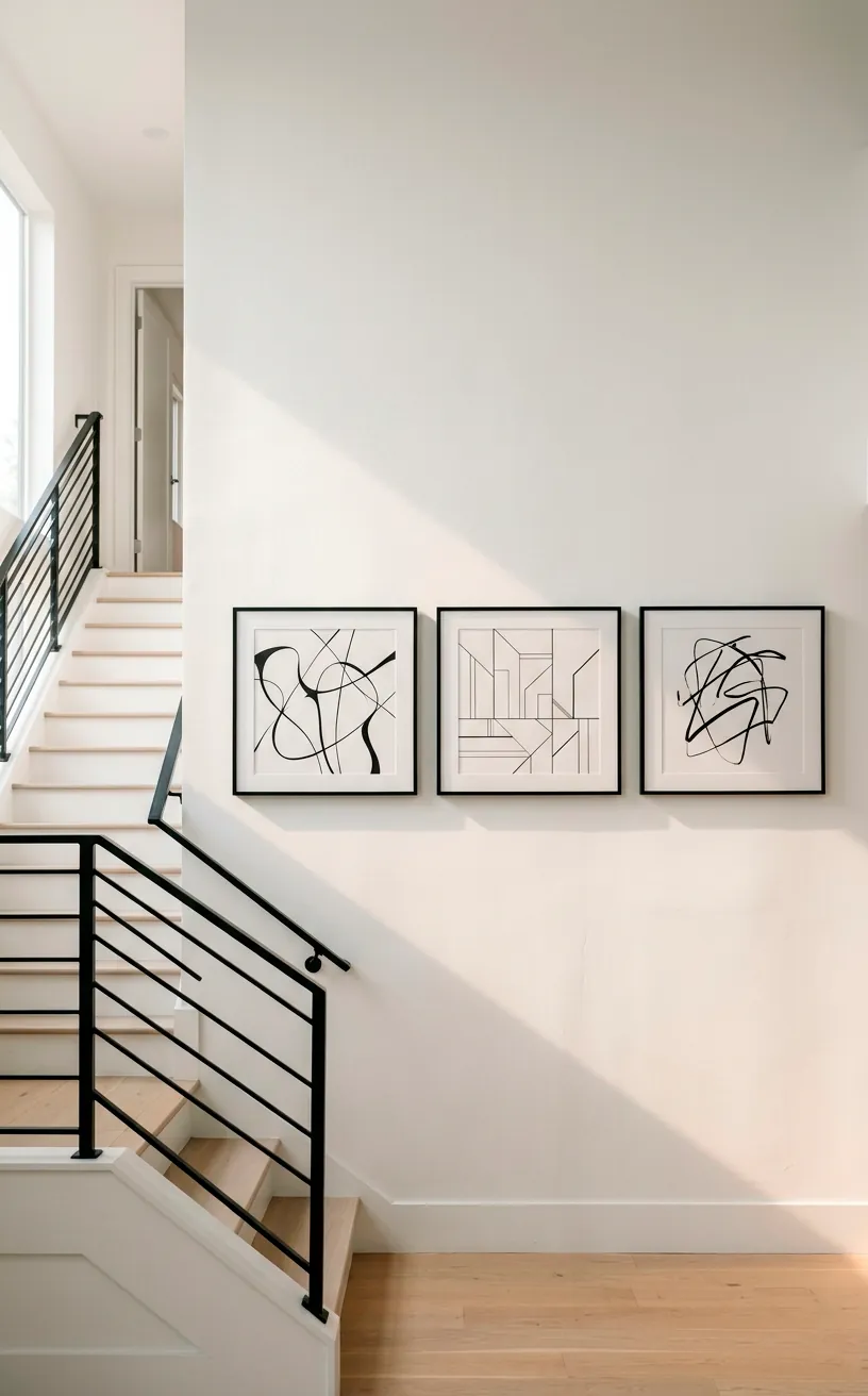 Minimalist gallery wall on a white staircase featuring three thin black frames with abstract line art.