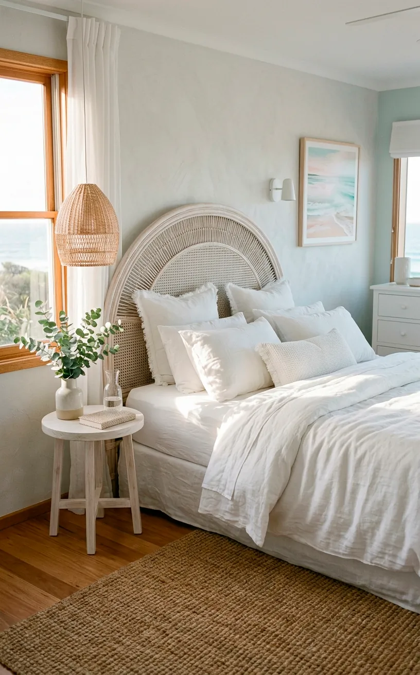 Whitewashed coastal rattan headboard in a bright airy bedroom with monochromatic white bedding