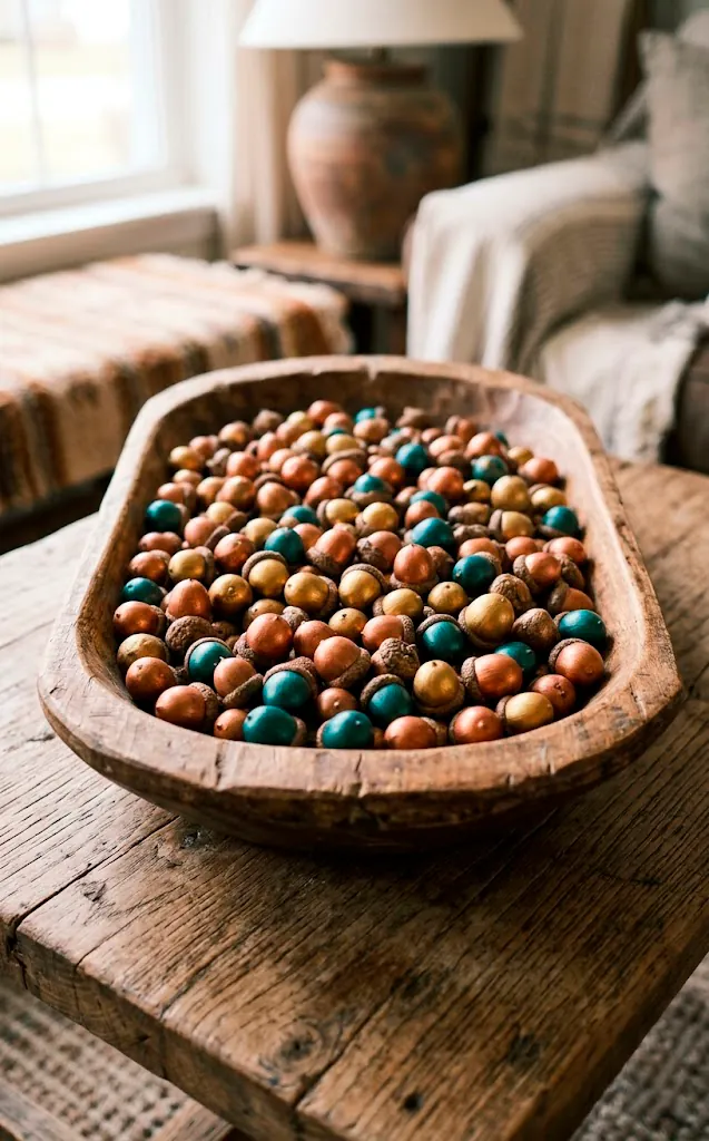 Carved wooden dough bowl filled with beautifully painted metallic copper and gold acorns.