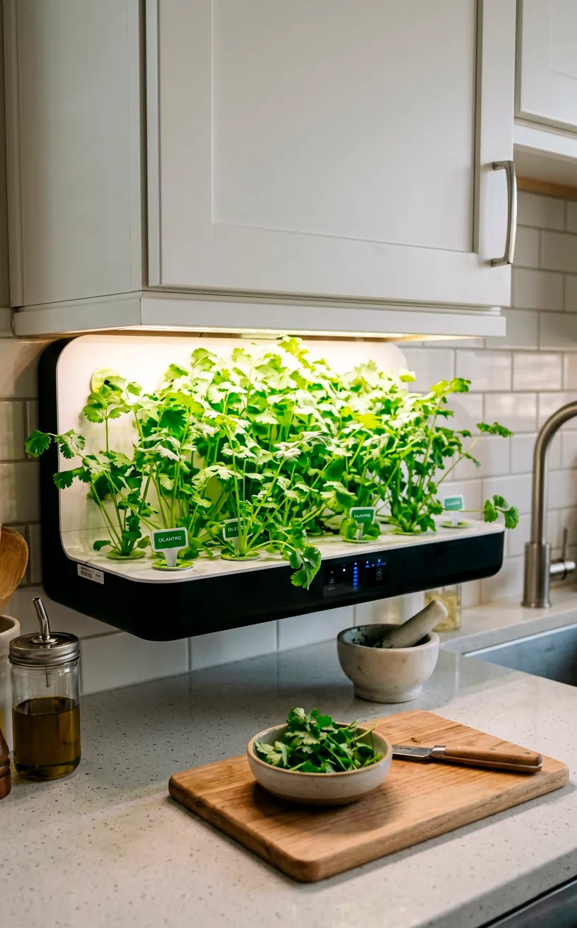 Under cabinet hydroponic self watering pod growing fresh cilantro with LED lights.