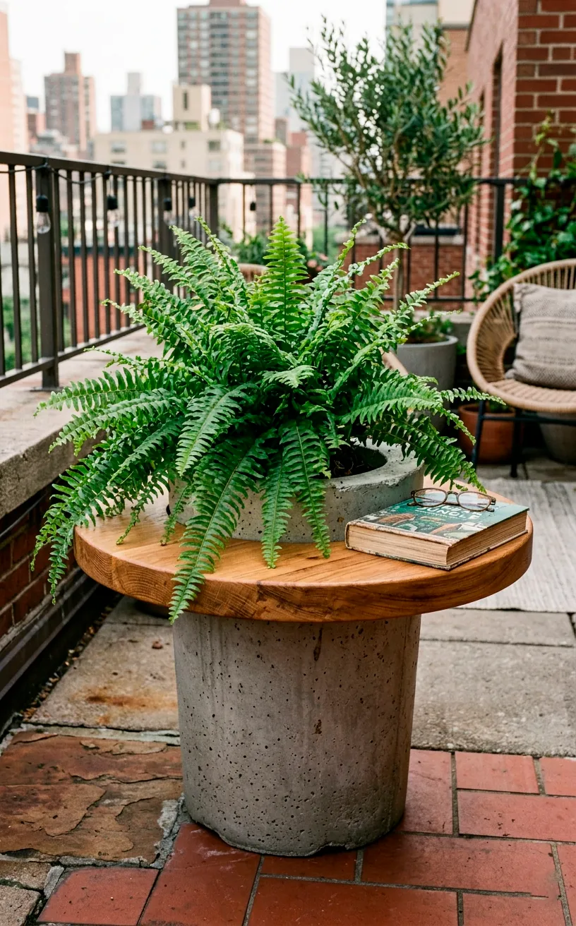A concrete and wood side table with a built-in planter holding a fern on an outdoor patio.