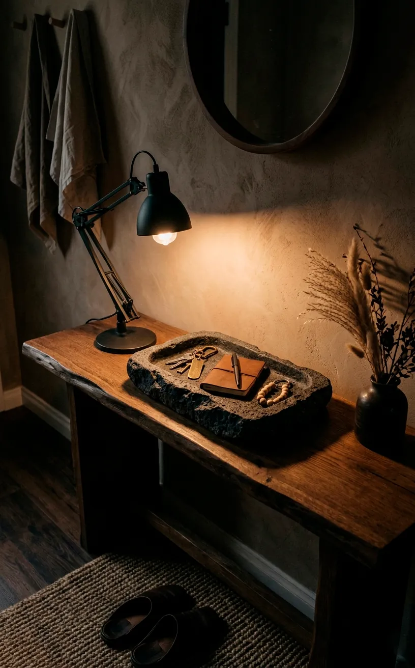 Minimalist table lamp illuminating a rough stone catch-all tray with moody shadows