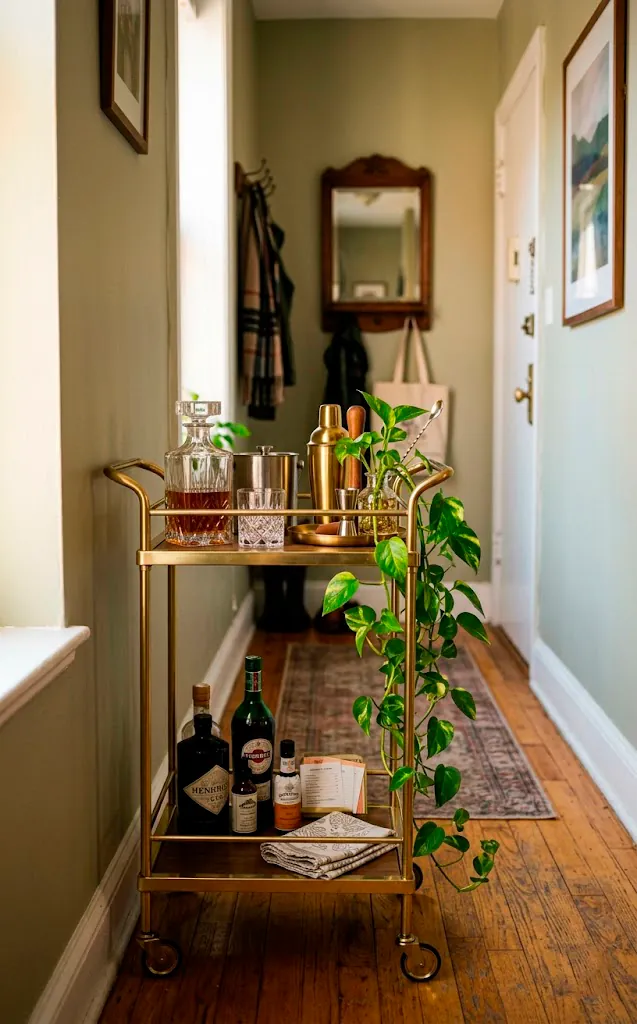 Narrow two-tier brass bar cart styled with crystal decanters and a trailing pothos plant in a small space.