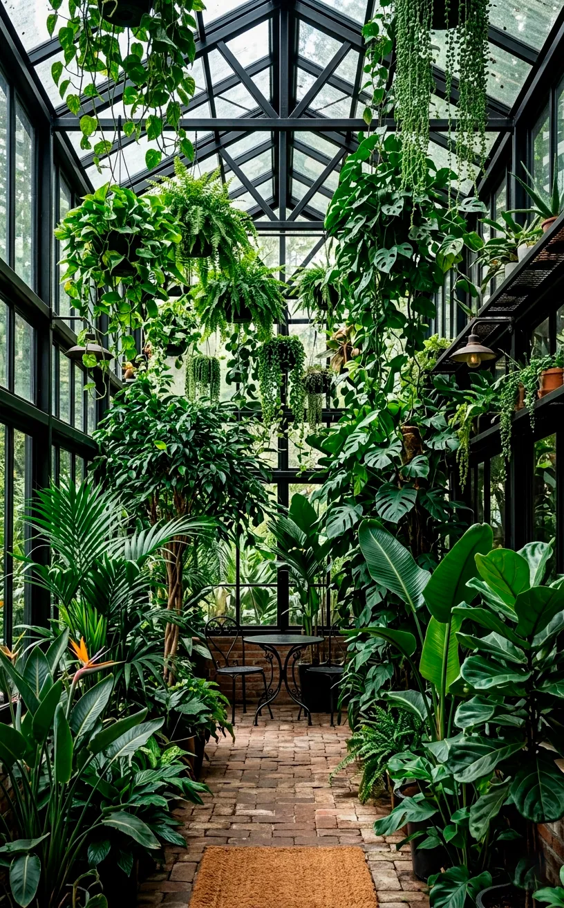 Biophilic sunroom design with lush green plants hanging from black steel architectural beams.