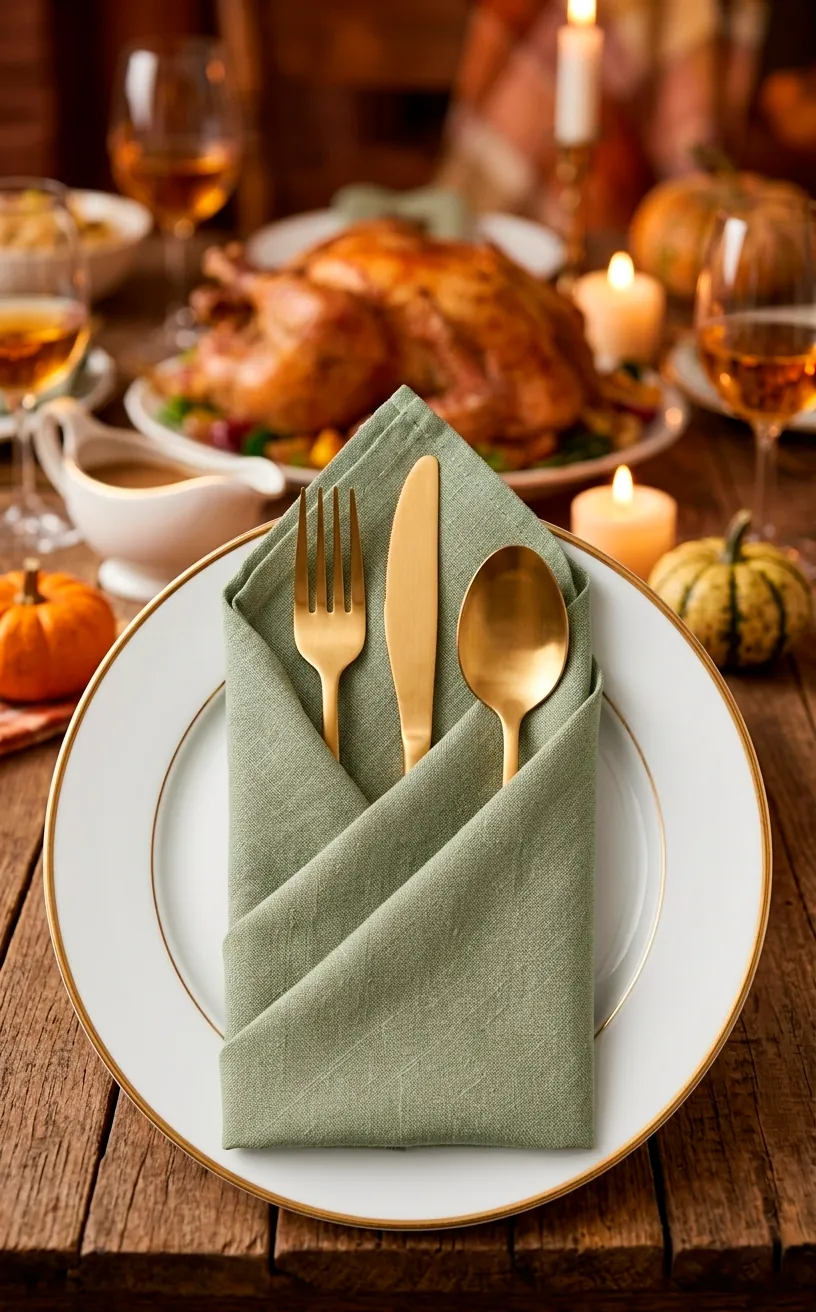 Sage green napkin with triple pocket fold holding gold cutlery on a gold-rimmed plate.