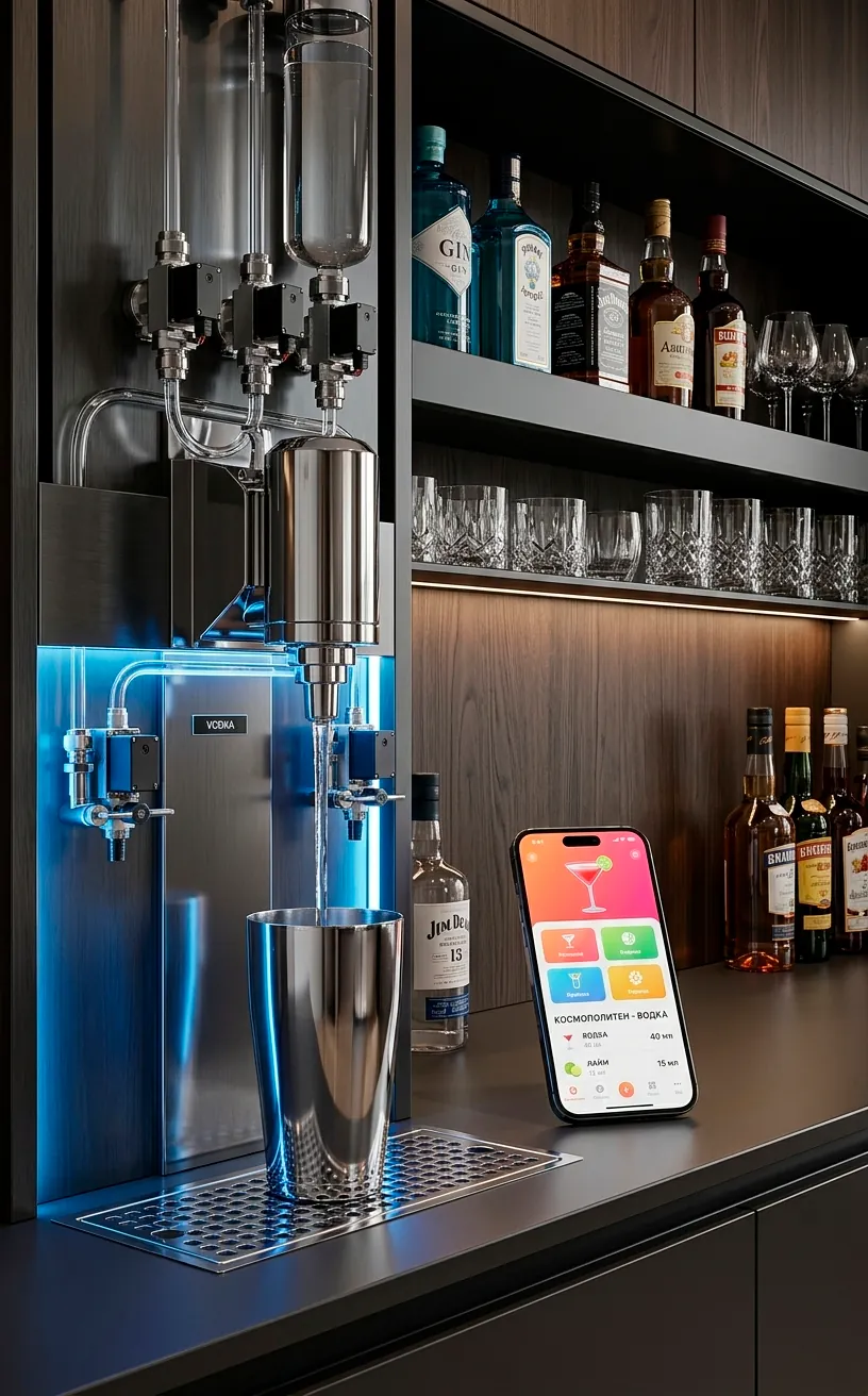 Smart pour automated cocktail dispenser pouring liquid precisely into a cocktail shaker at a home bar.