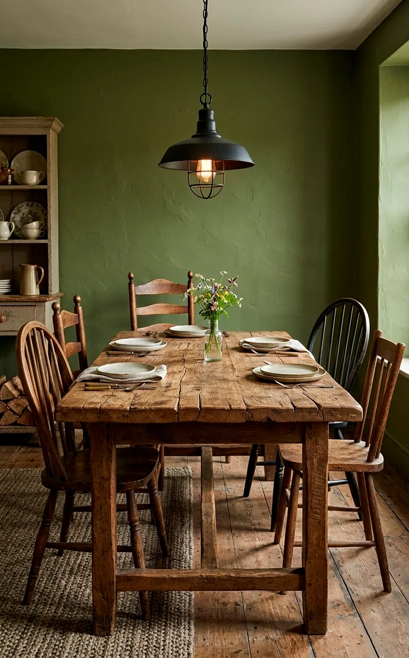 Rustic olive green dining room containing a textured reclaimed barnwood dining table and mismatched chairs.