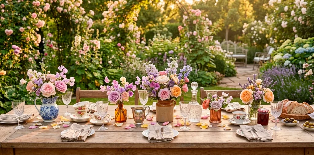 Wide panoramic view of ten English garden style floral arrangements on a rustic outdoor table.