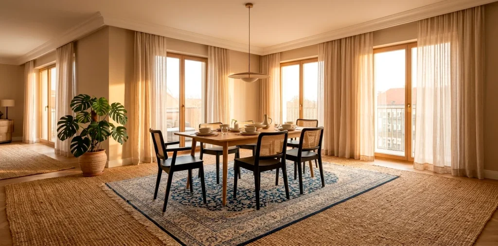 Wide view of a cozy dining room with layered jute and Persian rugs under a wooden table.