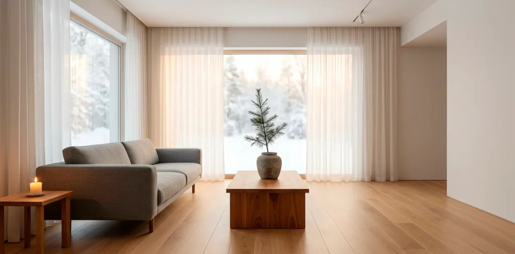 Minimalist winter living room with a single evergreen branch in a stone vase and warm natural light.