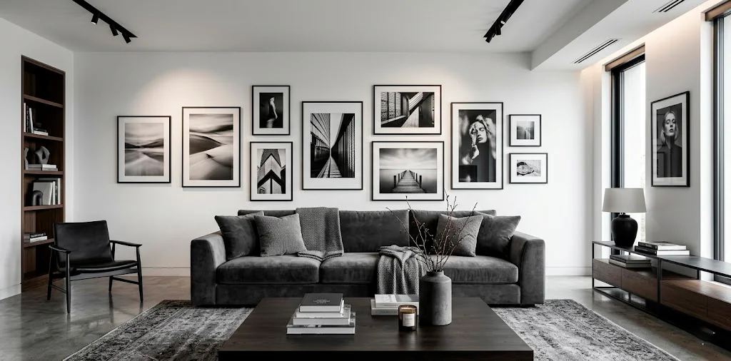 Modern living room featuring a gallery wall of black and white photography above a charcoal sofa.