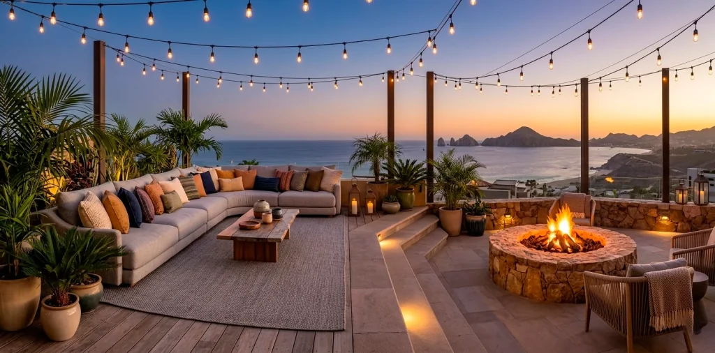 A wide, panoramic view of a cozy, layered outdoor living room with a fire pit and string lights.