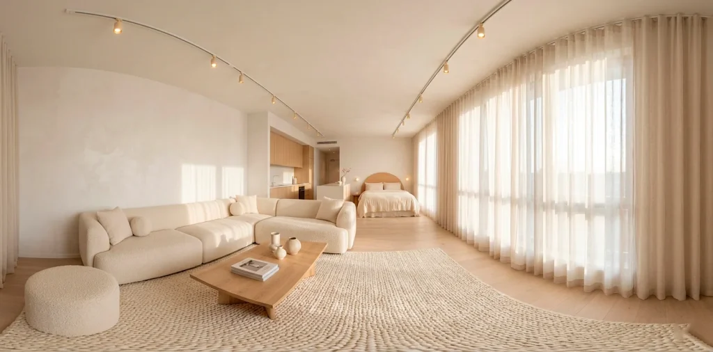 Wide view of a bright studio apartment decorated in cozy cream neutrals with a boucle sofa and oak furniture