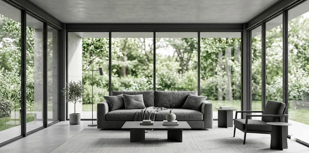 Sophisticated modern sunroom decorated in monochromatic gray tones with large windows and cozy ash sofa