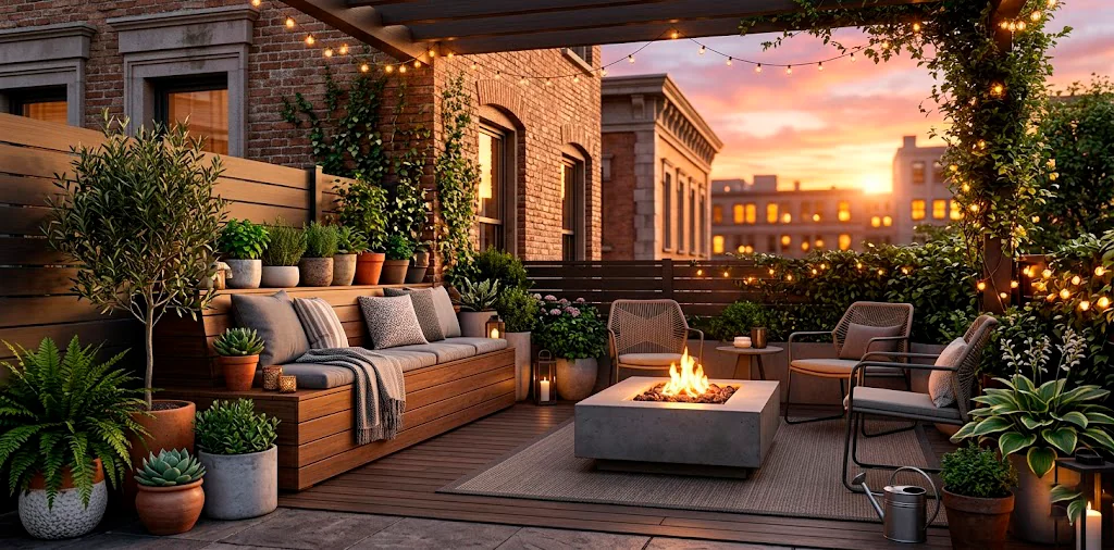 A beautifully styled small outdoor patio featuring space-saving multifunctional furniture at sunset with string lights.
