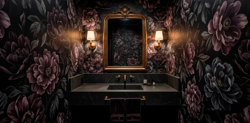 Moody powder room with dark floral wallpaper, vintage brass mirror, and marble sink