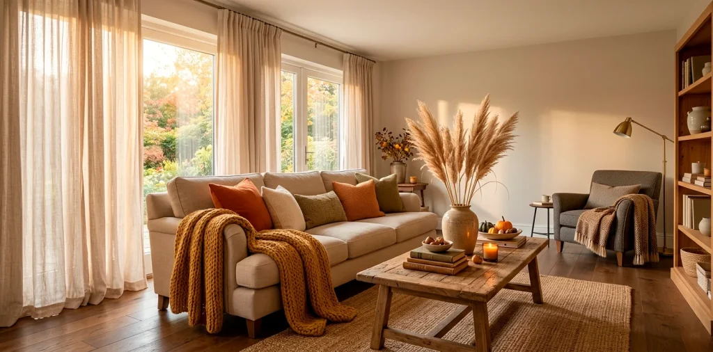 Cozy living room decorated for autumn with mustard throws and pampas grass