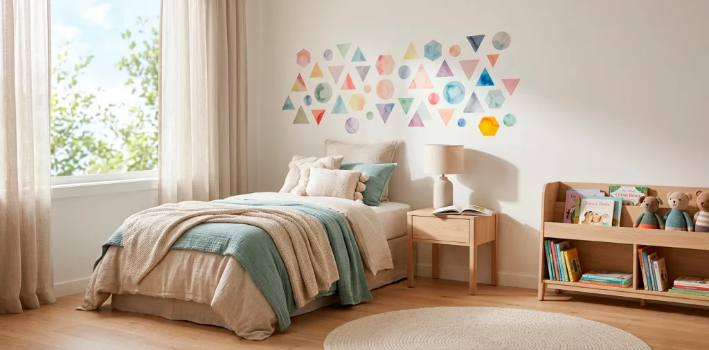Modern kids bedroom interior featuring colorful watercolor geometric removable wall decals above a cozy bed.