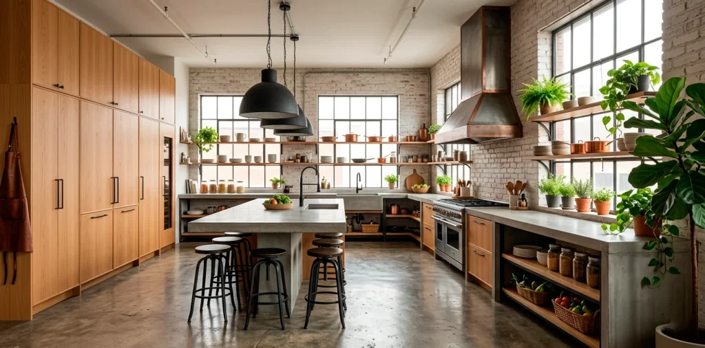 Scandinavian industrial kitchen with warm wood cabinets, concrete countertops, and matte black steel fixtures.