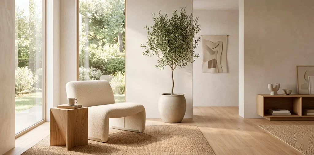 Cozy minimalist reading nook by a window with a cream lounge chair, oak side table, and potted olive tree in natural sunlight.