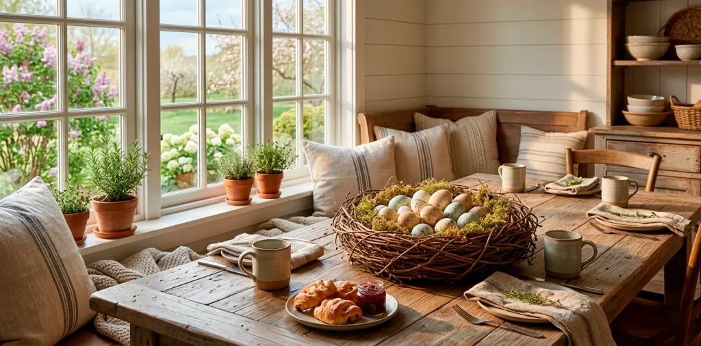 Rustic breakfast nook featuring a nest-inspired Easter centerpiece on a wooden table.