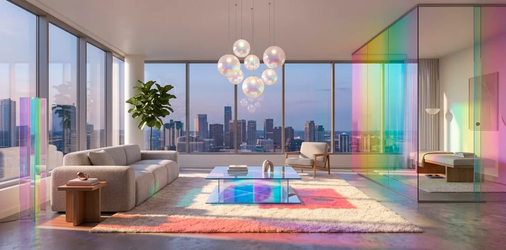 Luxury modern living room with iridescent glass furniture and holographic light reflections, 2:1 banner.