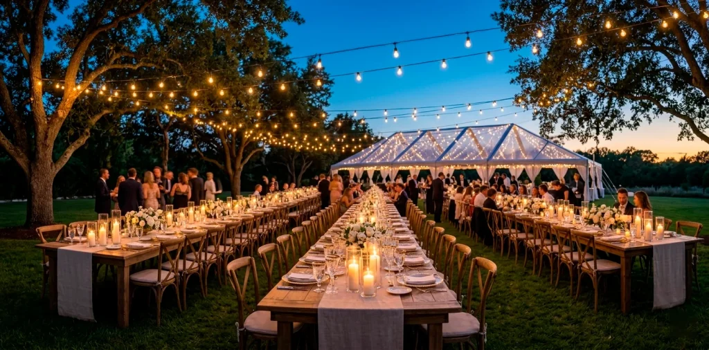 A luxurious outdoor backyard wedding reception with long wooden farm tables and beautiful bistro string lighting.