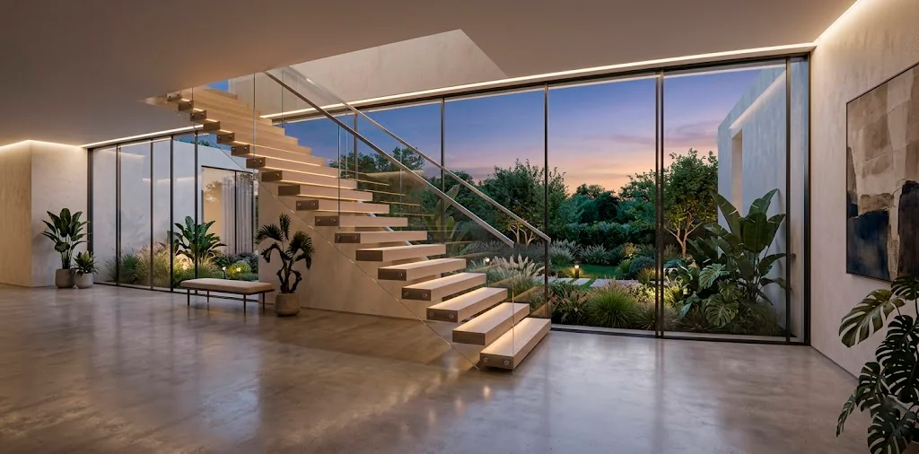 Wide view of a luxury modern floating staircase with oak treads and glass railings in a minimalist home.